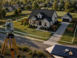 lexington home property survey - Lexington Land Surveying Home property survey in Lexington showing a residential lot, property boundaries, survey markers, and surveying equipment before closing.