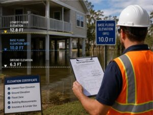Surveyor reviewing elevation certificate details near a home in a flood-prone area.
