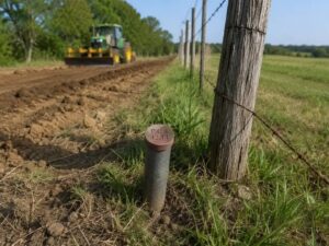 Capped survey monument beside a rural fence line before nearby farm improvement work