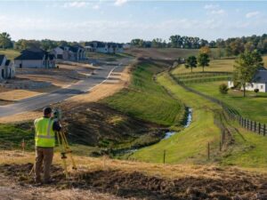 Topographic survey mapping the transition between a new neighborhood and a horse farm in Lexington Kentucky