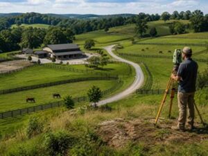 topographic-survey-rolling-horse-farm-homesite - Lexington Land Surveying Surveyor evaluating an elevated homesite near barns, fenced pastures, and a farm road on rolling horse farmland.
