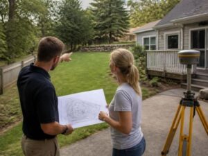 Homeowner meeting with a residential surveyor in Lexington KY to review lot conditions, property boundaries, setbacks, and available space before planning a home addition.