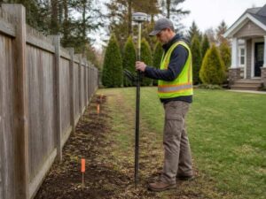 boundary surveyor lexington kentucky property line - Lexington Land Surveying Male worker in a neon safety vest using a surveying rod along a fence line in a residential yard, with orange ground markers nearby.