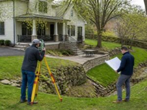 existing elevation survey before renovation lexington ky - Lexington Land Surveying Land surveyor documenting existing ground and building elevations before a renovation project in Lexington, KY.