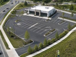 lexington ky alta survey parking site access - Lexington Land Surveying Aerial view of a commercial property with parking, site access, and a surveyor in Lexington, KY.